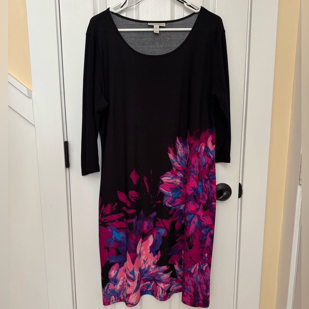 Dana Buchman Black Midi Dress with Pink & Blue Floral Print